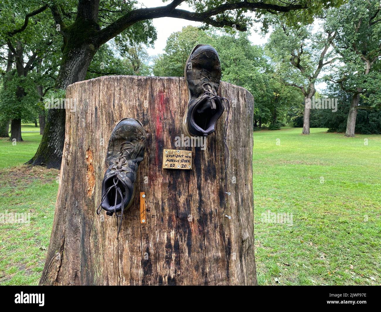 Markus Söder Hiking Boots On A Tree Stock Photo