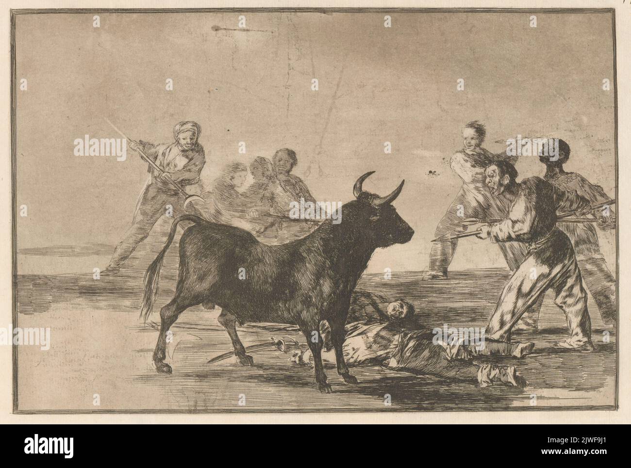 The rabble hamstring the bull with lances, sickles, banderillas and other arms (Desjarrete de la canalla con lanzas, medias-lunas, banderillas y otras armas). Ríos, Ricardo de los (1847-1929), merchant employer, Goya, Francisco de (1746-1828), graphic artist, Calcograf'ia Nacional (Madryt ; 1789- ), publishing house, Agua, Perez (fl. ca 1905), printer Stock Photo