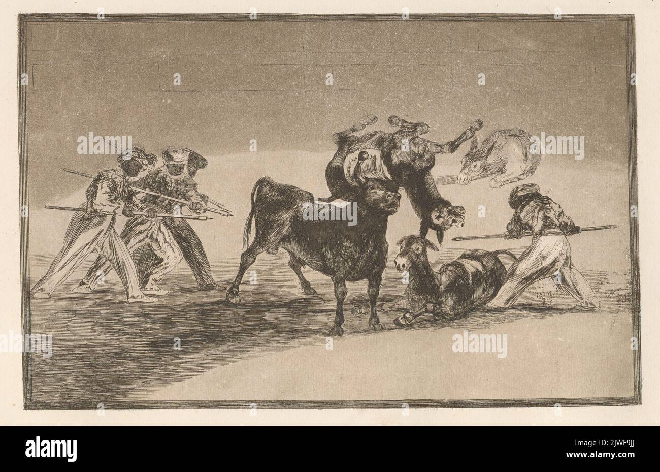 The Moors use donkeys as a barrier to defend themselves against the bull (Palenque de los moros hecho con burros para defenderse del toro embolado). Ríos, Ricardo de los (1847-1929), merchant employer, Goya, Francisco de (1746-1828), graphic artist, Calcograf'ia Nacional (Madryt ; 1789- ), publishing house, Agua, Perez (fl. ca 1905), printer Stock Photo