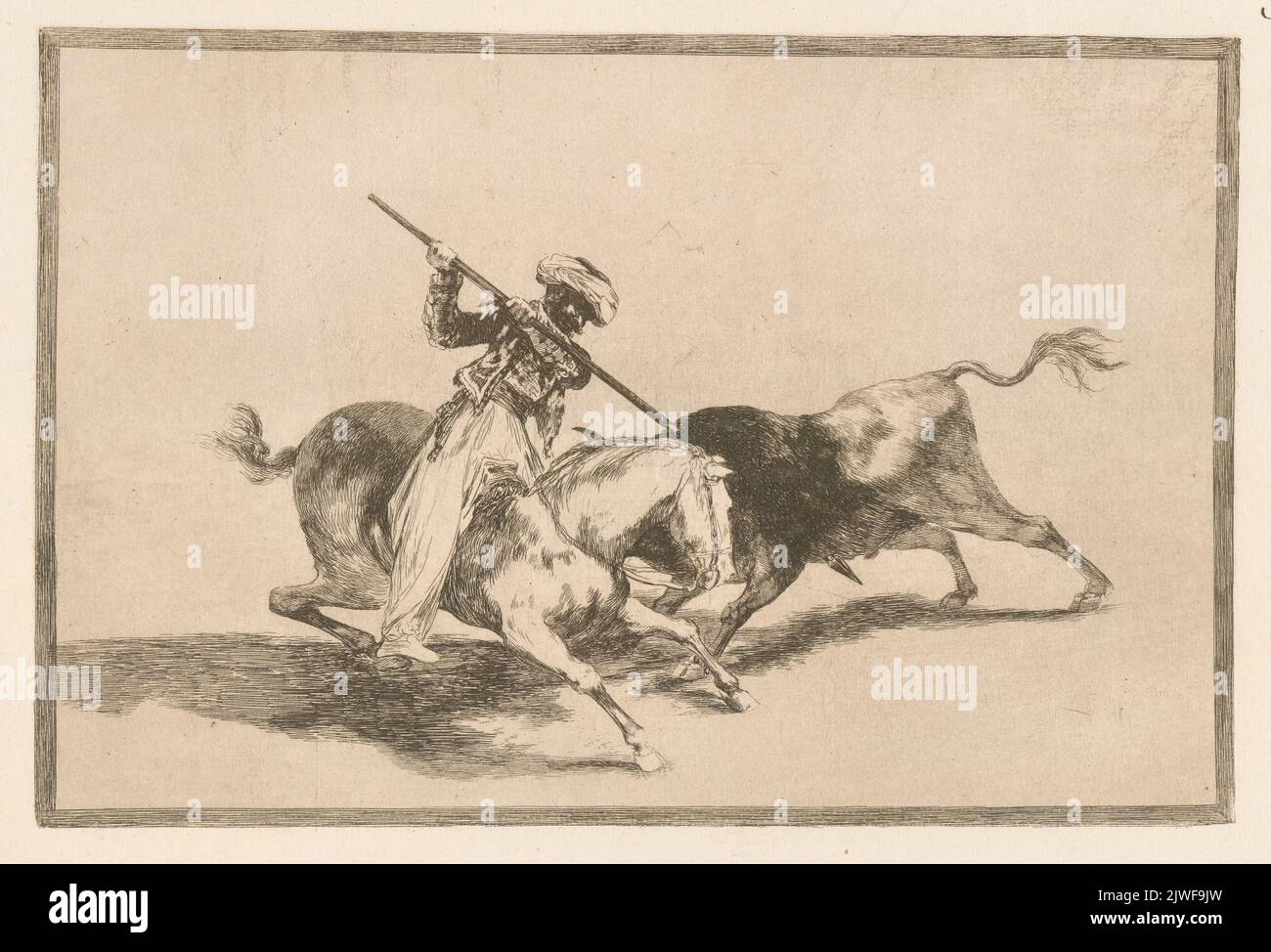 The spirited Moor Gazul is the first to spear bulls according to rules (El animoso moro Gazul es el primero que lanceó toros en regla). Ríos, Ricardo de los (1847-1929), merchant employer, Goya, Francisco de (1746-1828), graphic artist, Calcograf'ia Nacional (Madryt ; 1789- ), publishing house, Agua, Perez (fl. ca 1905), printer Stock Photo