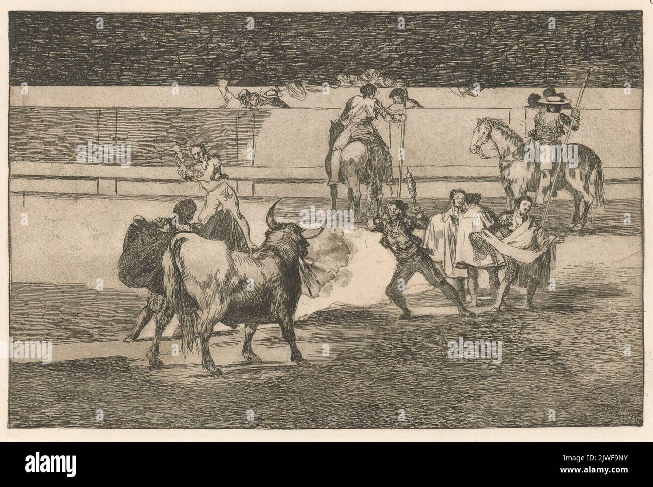 Banderillas with firecrackers (Banderillas de fuego). Ríos, Ricardo de los (1847-1929), merchant employer, Goya, Francisco de (1746-1828), graphic artist, Calcograf'ia Nacional (Madryt ; 1789- ), publishing house, Agua, Perez (fl. ca 1905), printer Stock Photo