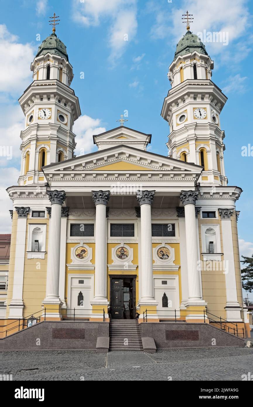 The view of Greek Catholic Holy Cross Cathedral, Uzhhorod, Ukraine Stock Photo