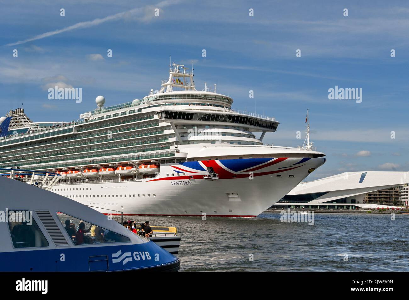 Amsterdam, Netherlands - August 2022: Large P&O cruise ship Ventura arriving in the port of Amsterdam Stock Photo