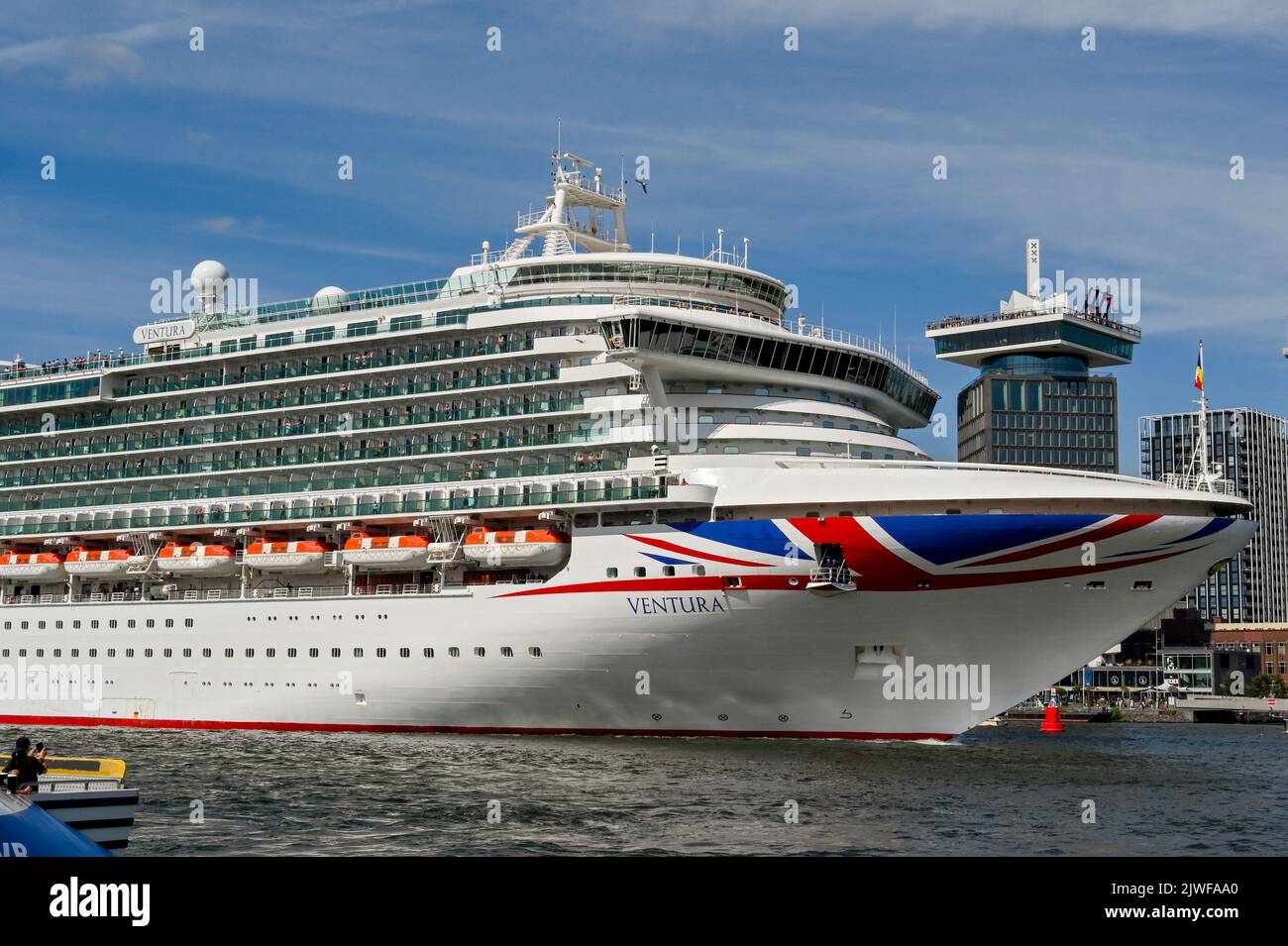 Amsterdam, Netherlands - August 2022: Large P&O cruise ship Ventura arriving in the port of Amsterdam Stock Photo