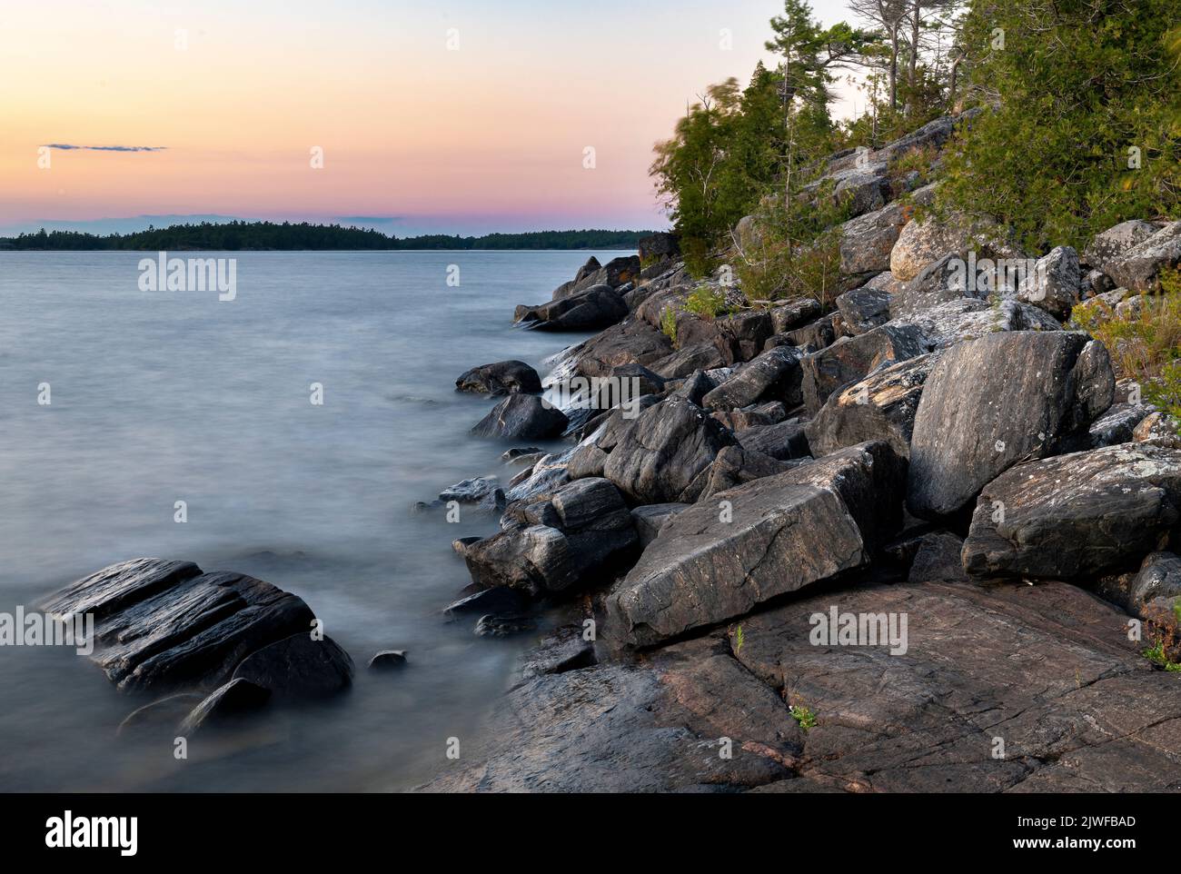 Shoreline of an island among the 30,000 island archipelago on the eastern side of the Georgian Bay in Ontario, Canada. Stock Photo
