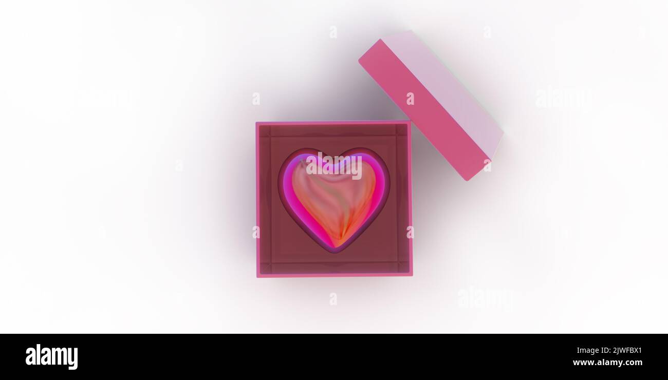 Glossy and bright heart shape in open pink square gift box. 3D render white background. Graphic illustration design for lovers, mothers and valentines Stock Photo