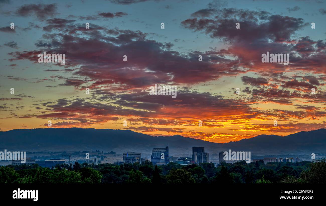 Smoke in the atmosphere over Boise make for a colorful sunrise Stock Photo