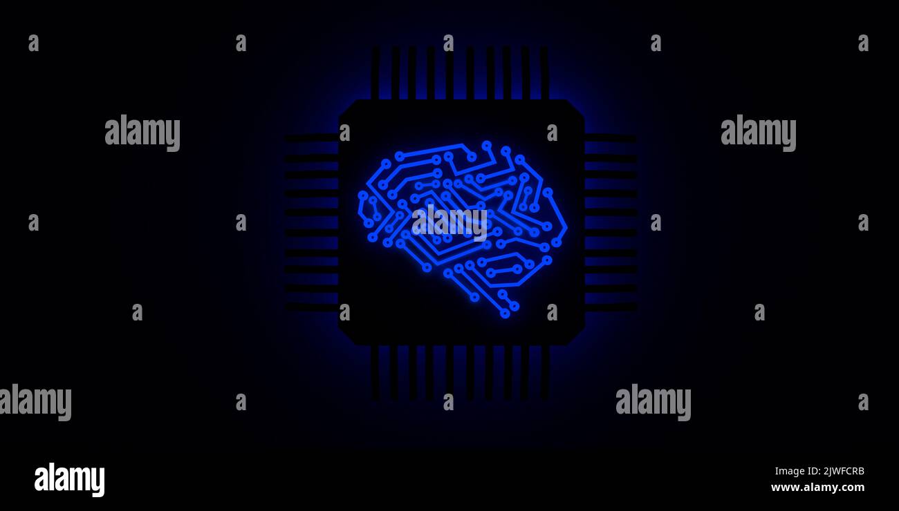 AI (Artificial Intelligence) concept: Blue glowing CPU brain symbol connecting dots for learning, electric pulses circuit board symbol. 3d rendered Stock Photo