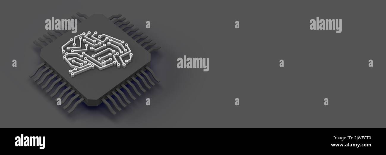 AI (Artificial Intelligence) concept: White dots connecting CPU brain symbol on circuit board chip. 3d render illustration grey background, copy space Stock Photo