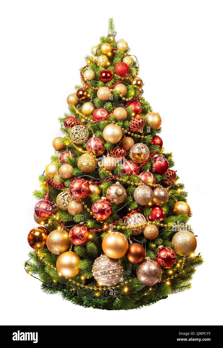 christmas tree with golden and red balls isolated on white background ...