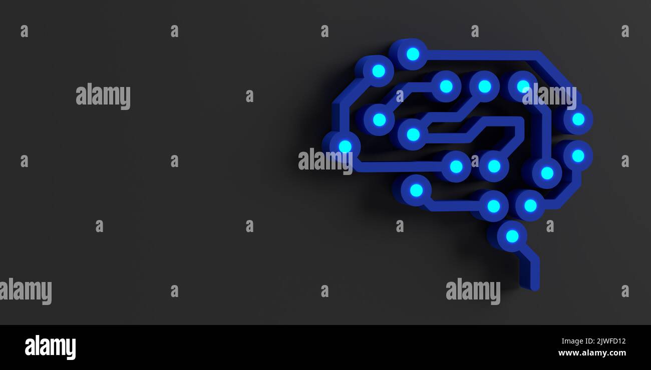 AI (Artificial Intelligence) concept: Blue glowing CPU brain symbol connecting dots for learning, electric pulses circuit board symbol. 3d rendered Stock Photo
