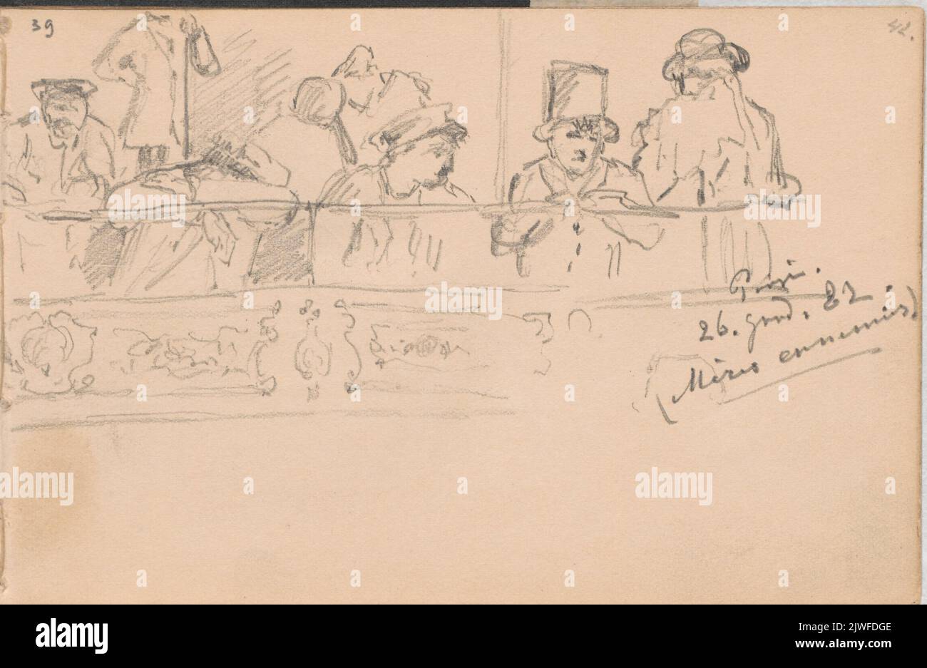 Scena w teatrze – publiczność na przedstawieniu sztuki Les meres ennemies Catulle’a Mendesa w Théâtre de l’Ambigu. Bilińska-Bohdanowiczowa, Anna (1854-1893), draughtsman, cartoonist Stock Photo