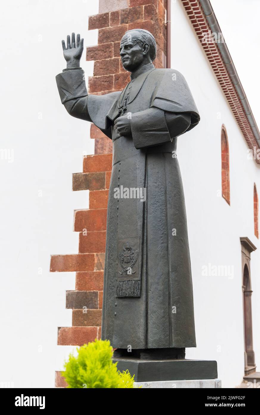 Statue of Pope John Paul II outside Funchal cathedral, Madeira, Portugal Stock Photo
