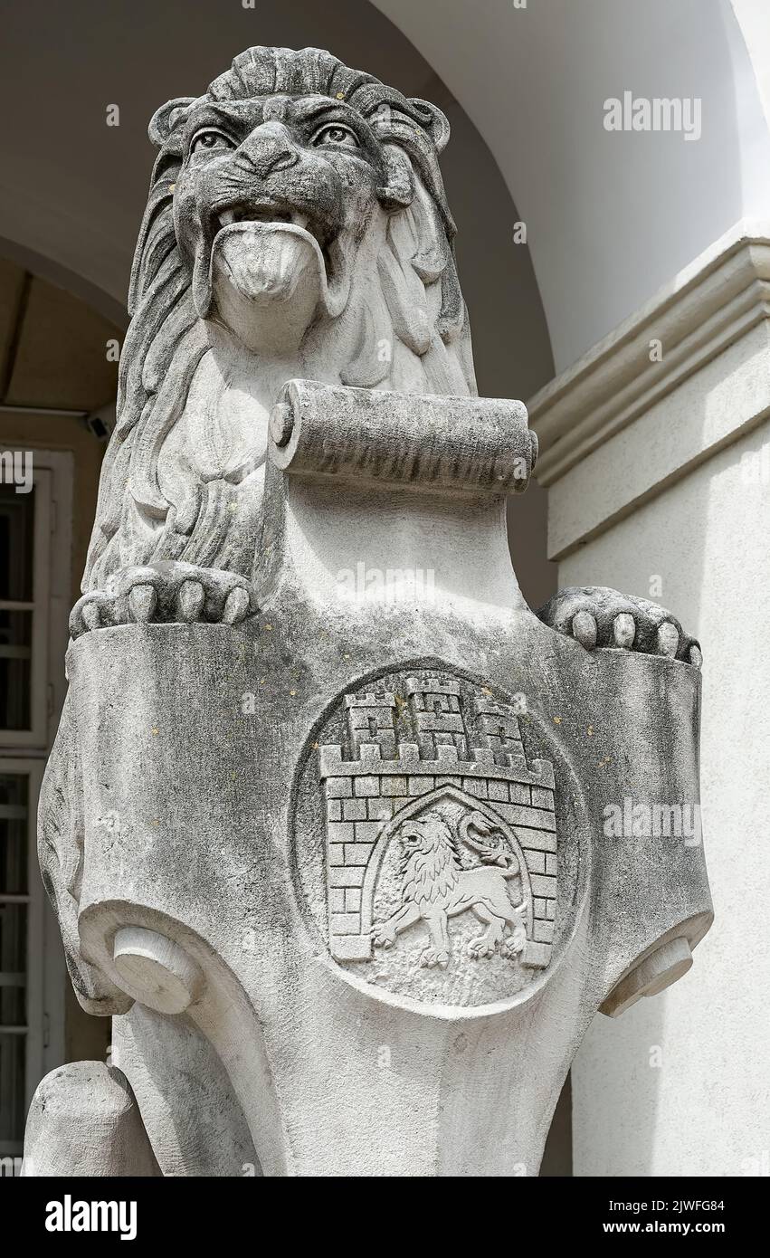Closeup of stone sculpture of sitting lion with city of Lviv ancient ...