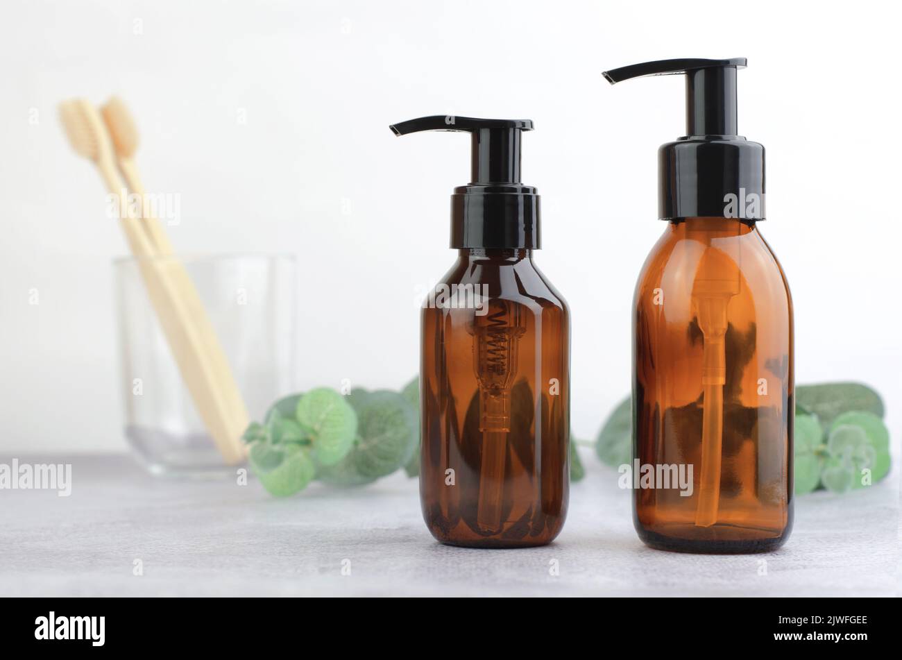 Cosmetic bottles in the bathroom. Skin care product, after shower