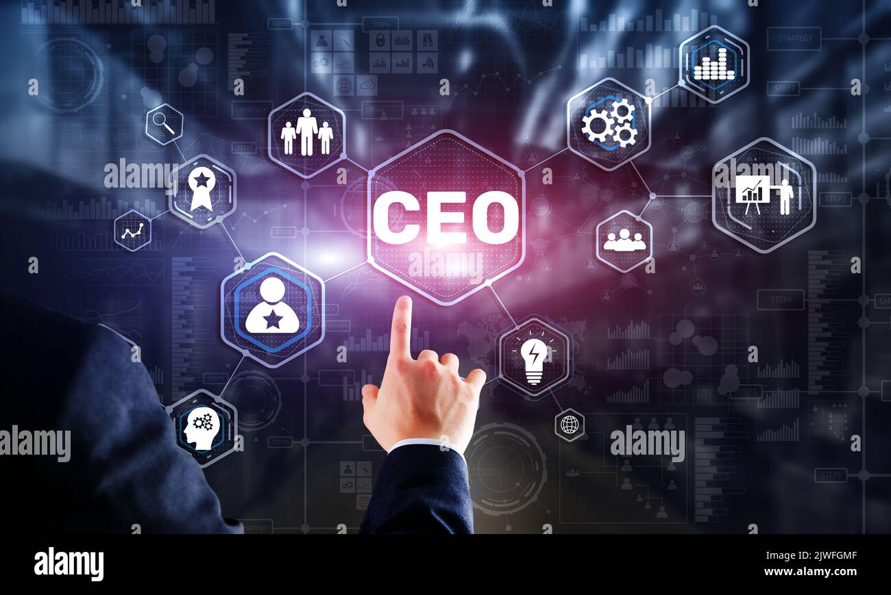 CEO concept. Businessman pressing virtual screen inscription boss. Stock Photo
