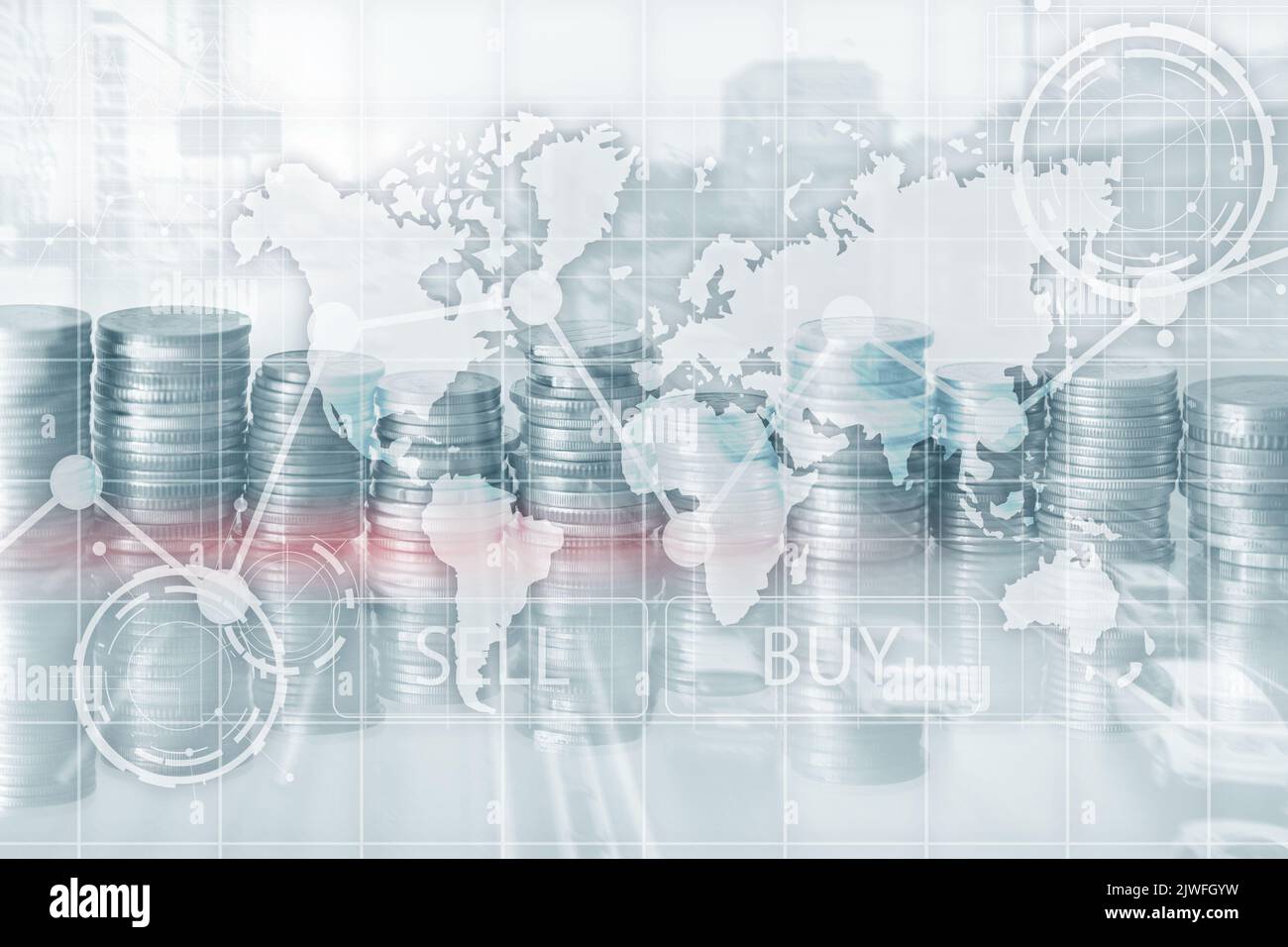 Sell and Buy concept on the background of the world map. Stock Photo