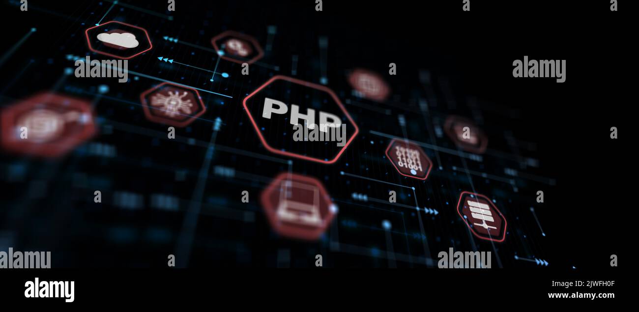Technical background PHP inscription. Network internet concept. Stock Photo