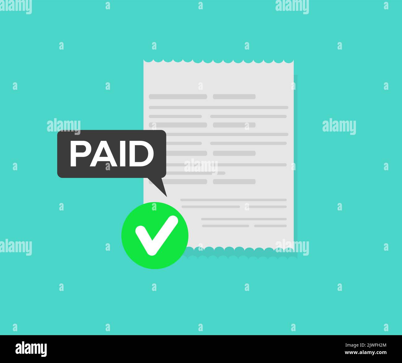 Paid bill invoice, success completed payment flat symbol logo design. Money payout done, valid verified pay notice notification with check mark. Stock Vector