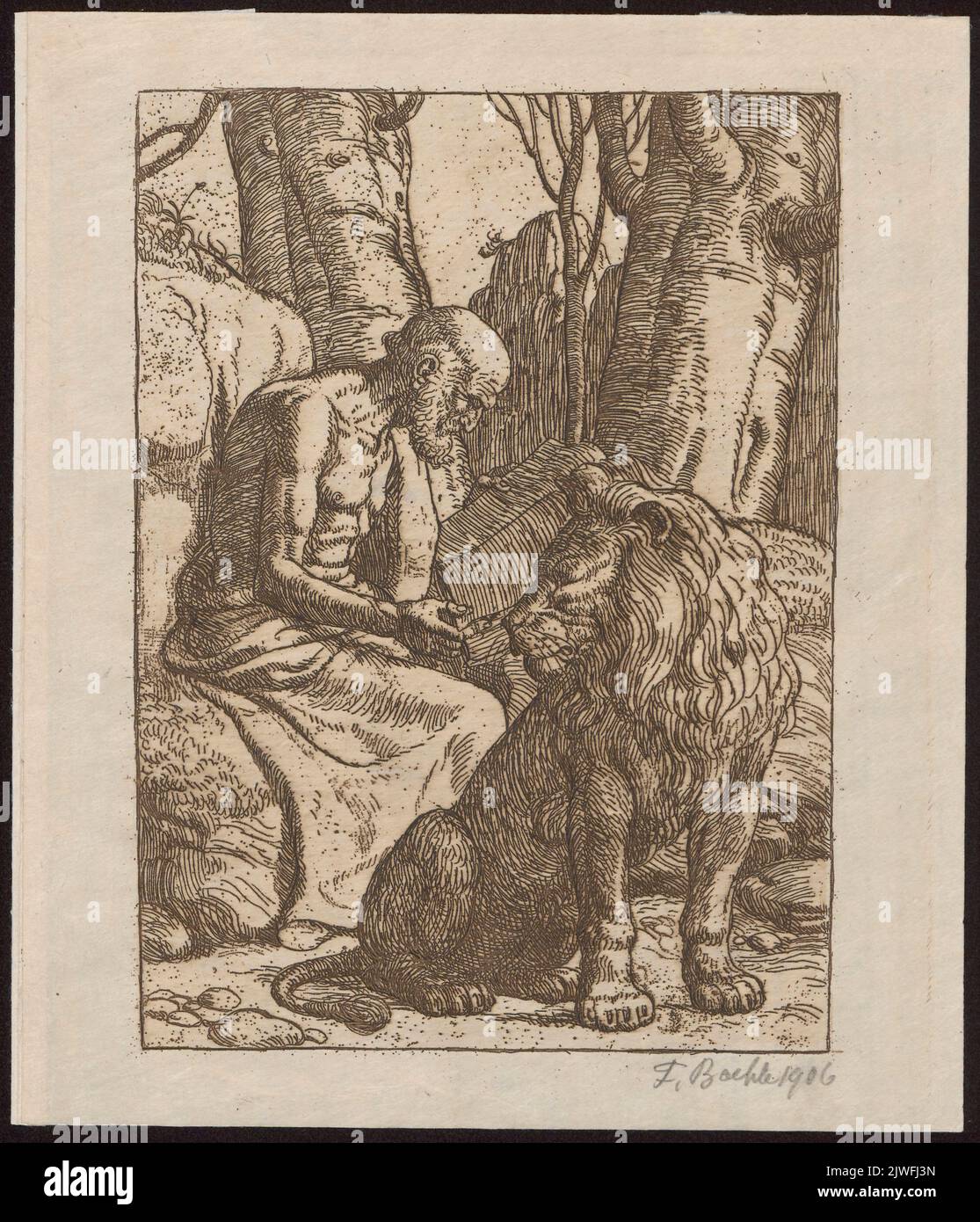 St. Jerome and a lion. Boehle, Fritz (18731916), graphic artist Stock