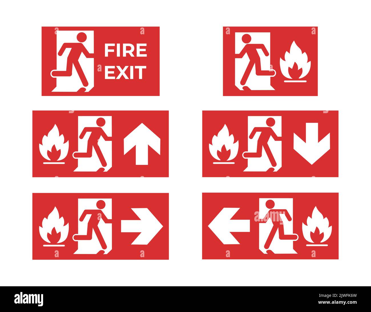 Set of red fire exit icons. Concept of emergency and evacuation. Stock Vector