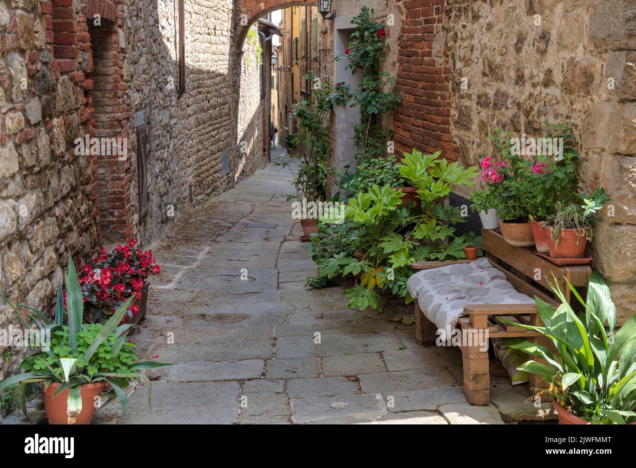 Floral display in a narrow alleyway in the medieval hilltop town of Lucignano in the Val di Chiana in Tuscany, Italy Stock Photo