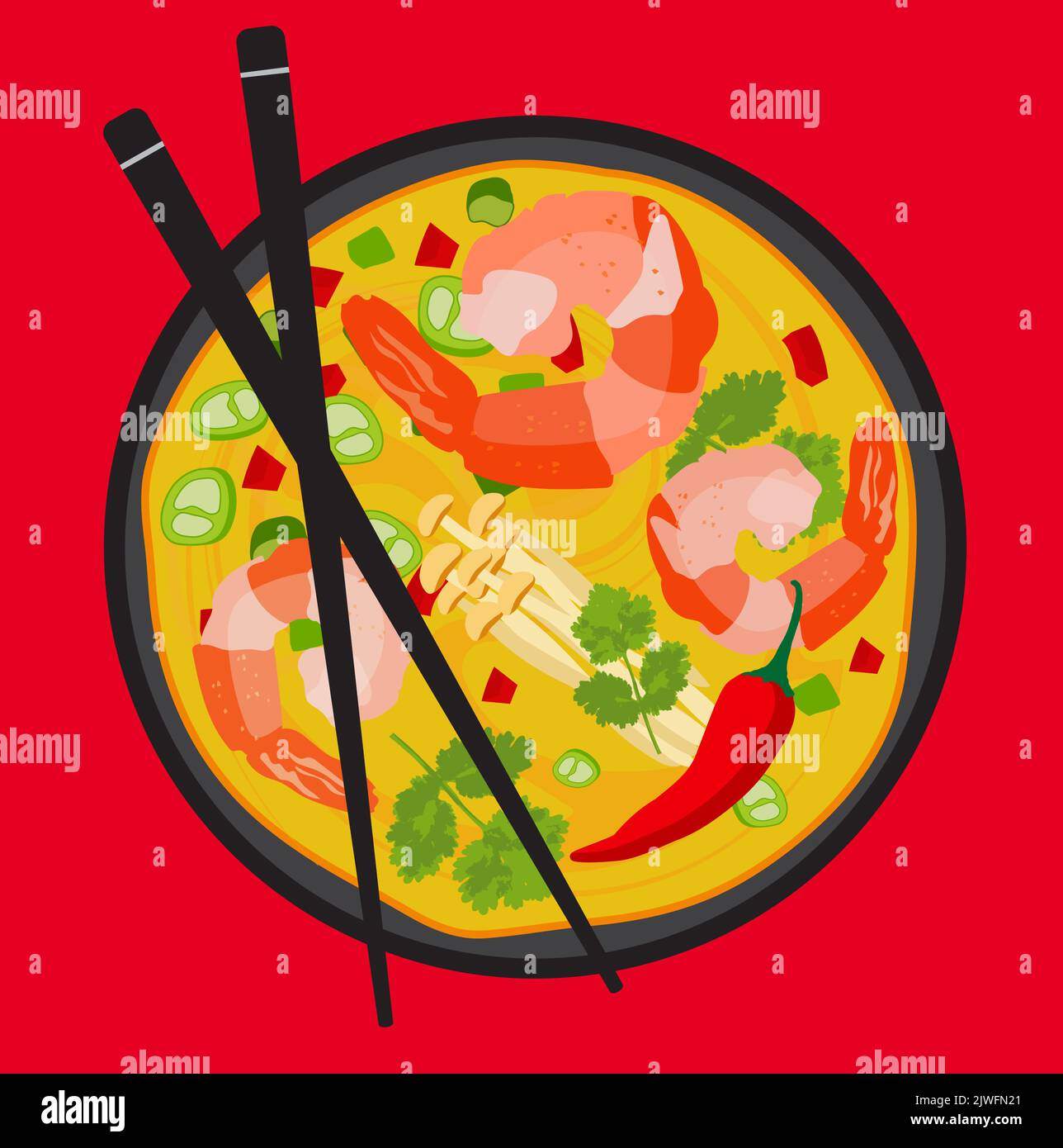 Ramen noodle asian soup with shrimps and mushrooms on a broth Stock Vector