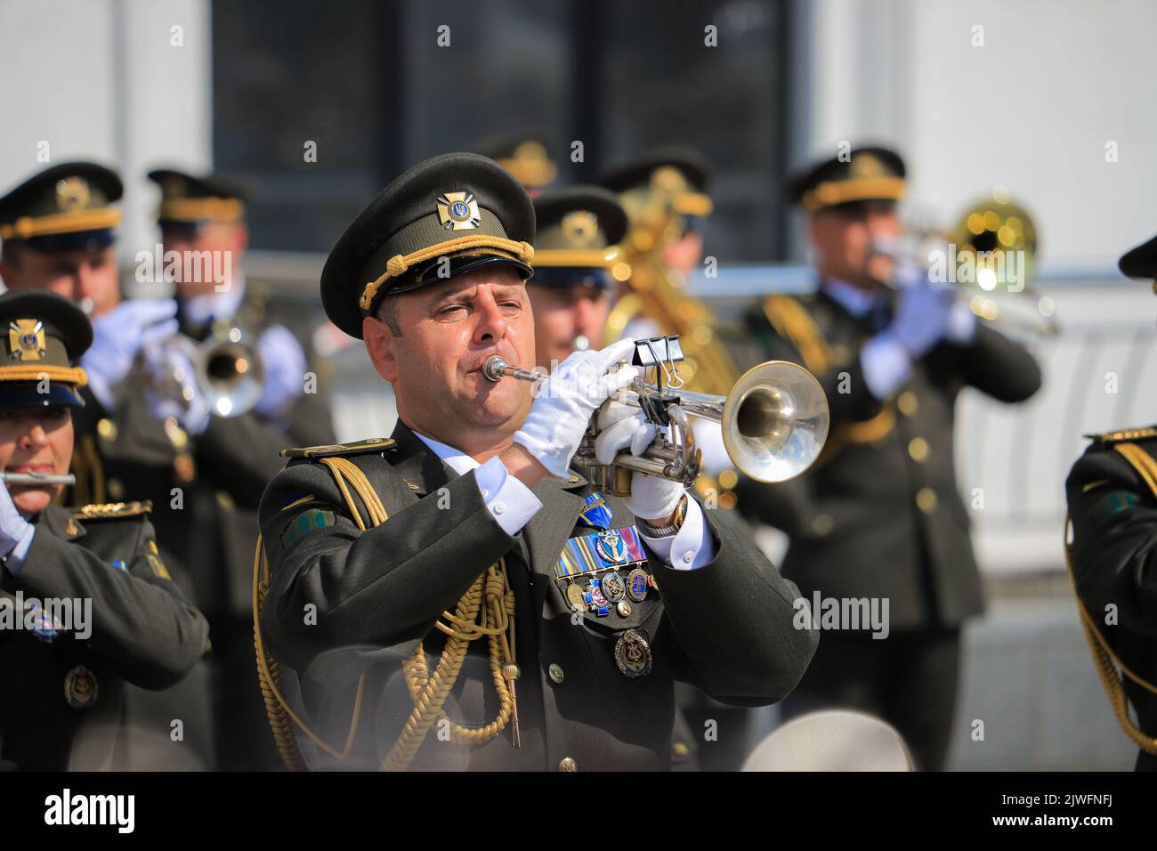 Kyiv, Ukraine - 24 august, 2021: Military band playing the trumpet on the Independence Day of Ukraine in Kyiv Stock Photo