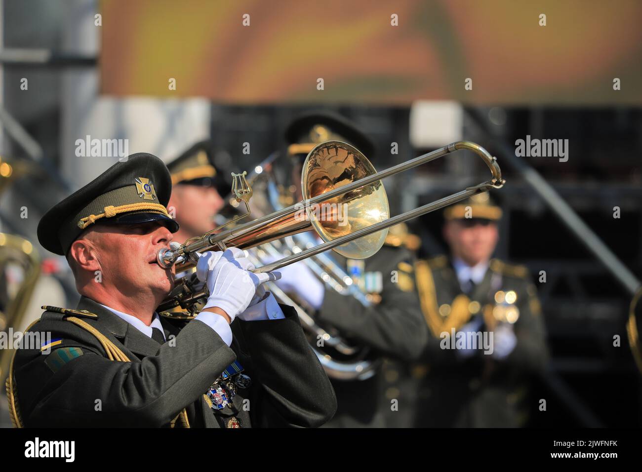 Kyiv, Ukraine - 24 august, 2021: Military band playing the trumpet on the Independence Day of Ukraine in Kyiv Stock Photo