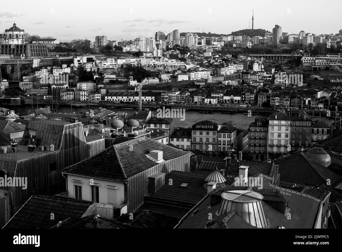 Top view of the Douro river and old Porto downtown, Portugal. Black and white photo. Stock Photo