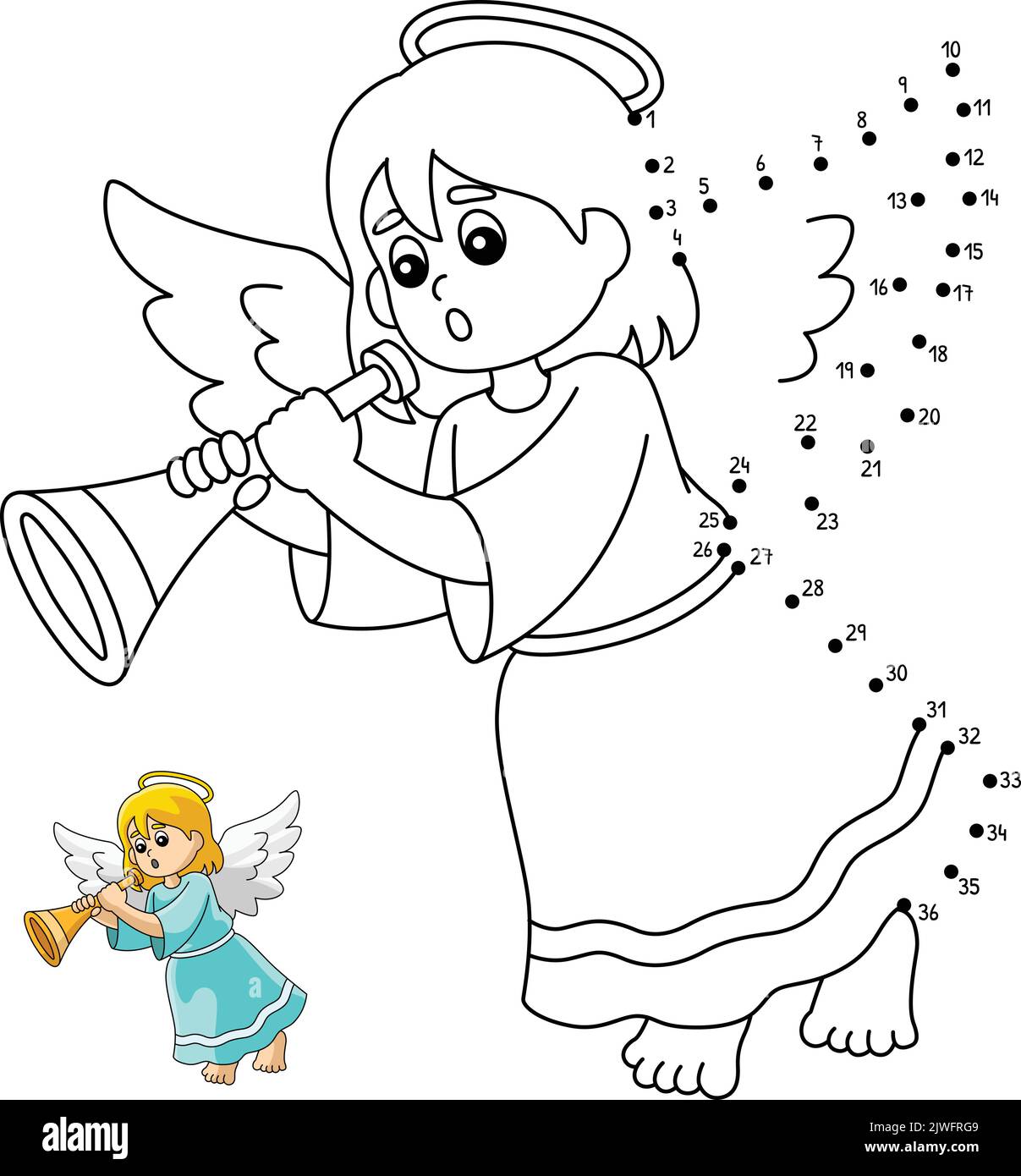 Dot to Dot Christmas Angel Isolated Coloring Page Stock Vector