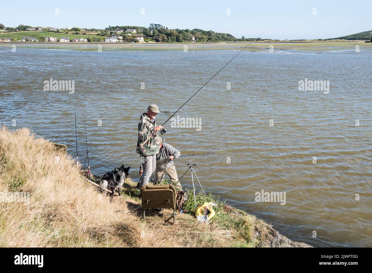 Fishermen with a dog, getting excited at their  getting a late catch after an all day fishing session at Rosscarbery,  Cork,Ireland Stock Photo