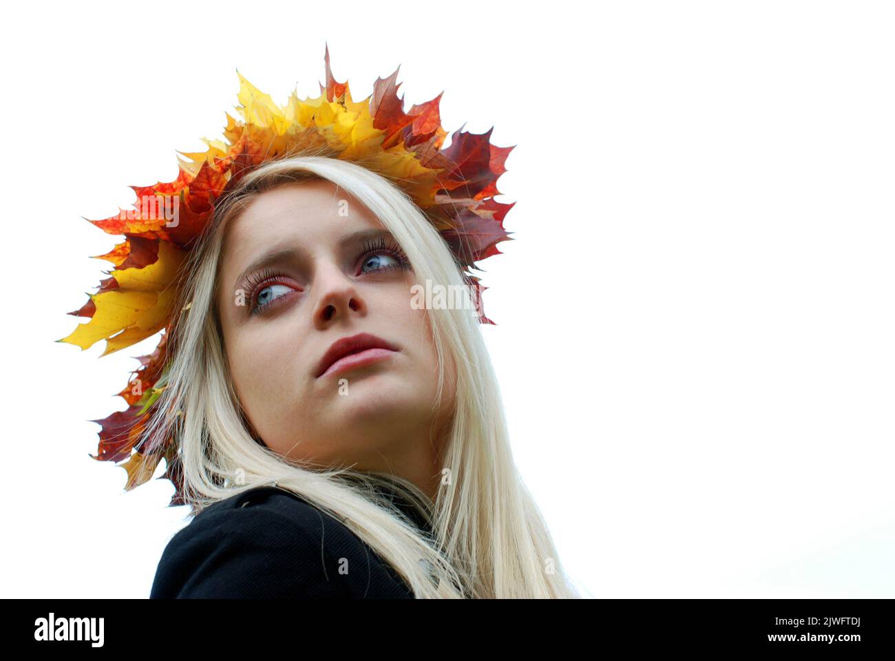 Beautiful Female Portrait With Autumn Leaves Isolated Background Stock 