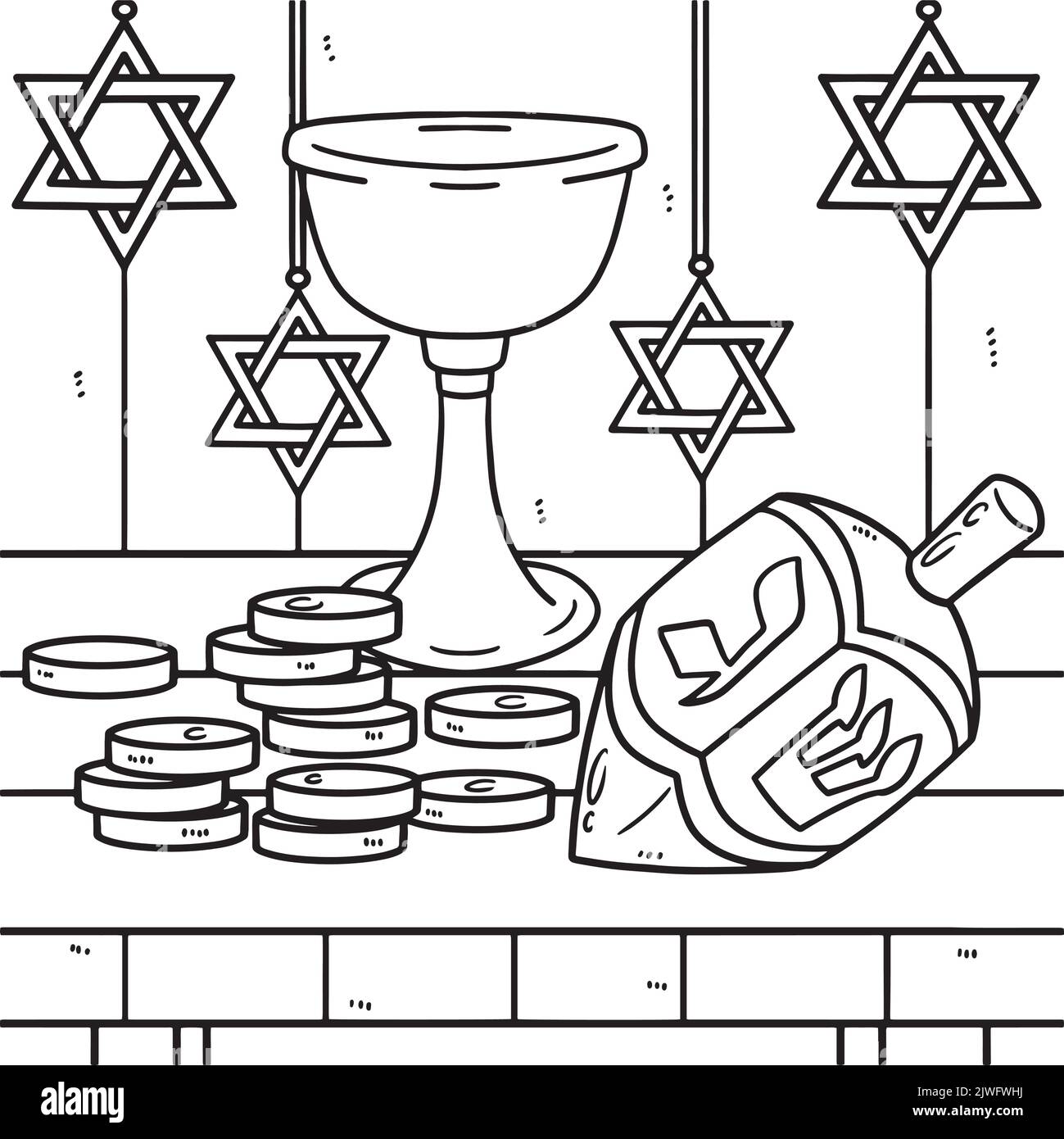Hanukkah Dreidel, Coins and Chalice Coloring Page Stock Vector