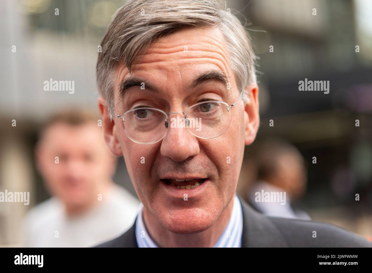 Jacob Rees-Mogg MP at the Queen Elizabeth II Centre after the Conservative party leadership announcement, London, UK. Government minister Stock Photo