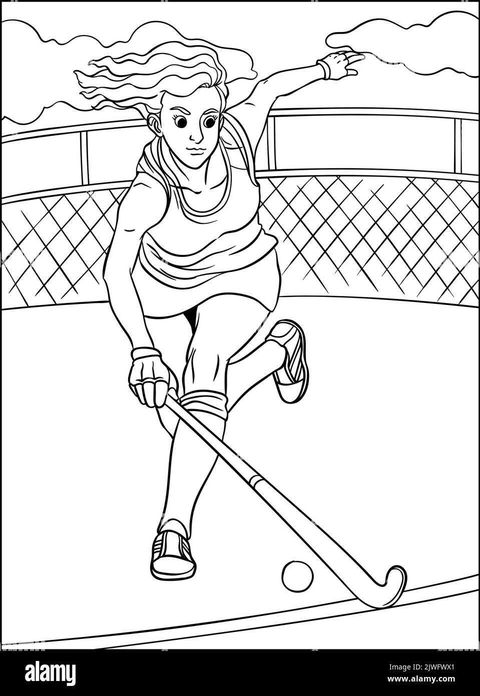 Field Hockey Coloring Page for Kids Stock Vector