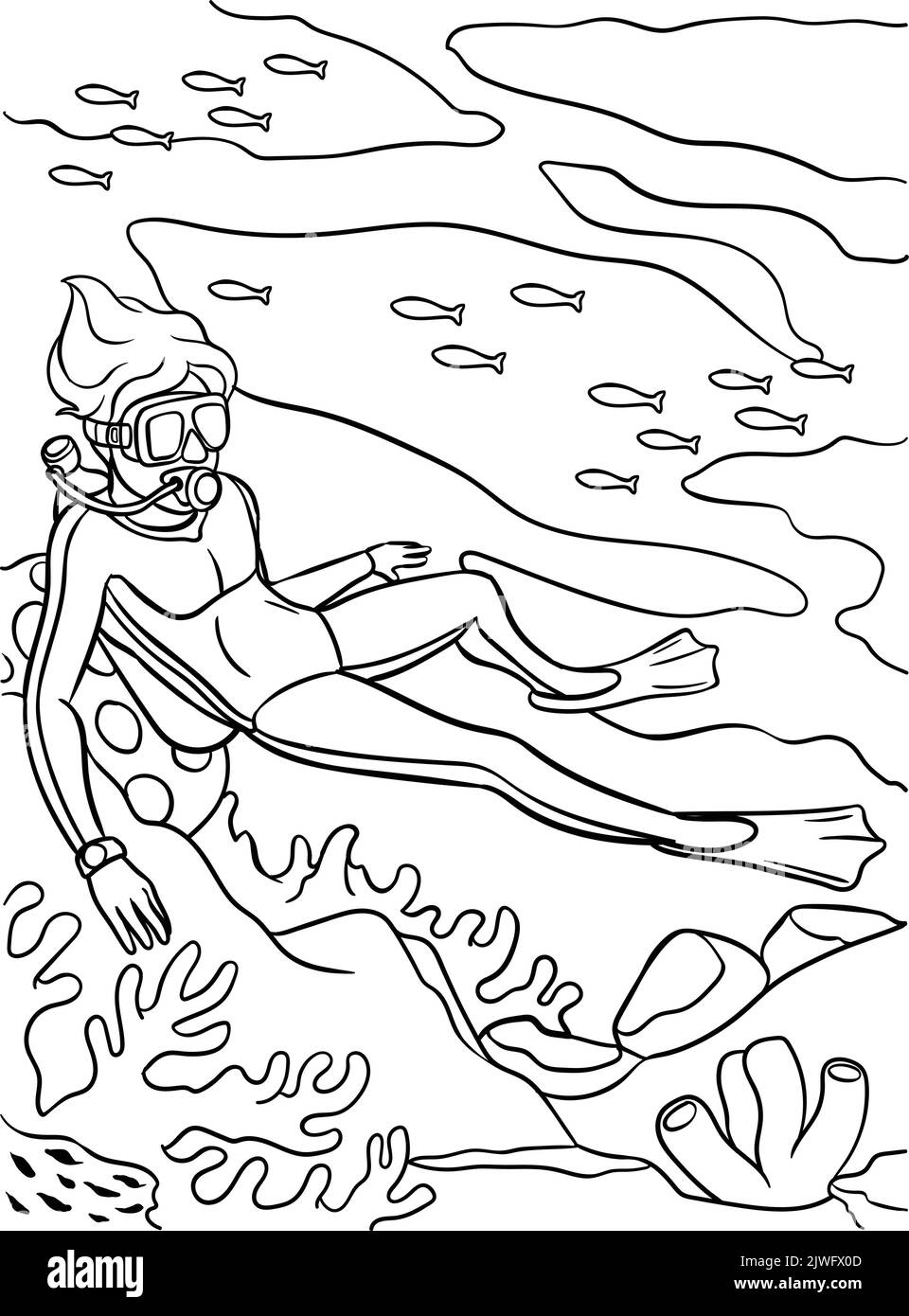 Scuba Diving Coloring Page for Kids Stock Vector