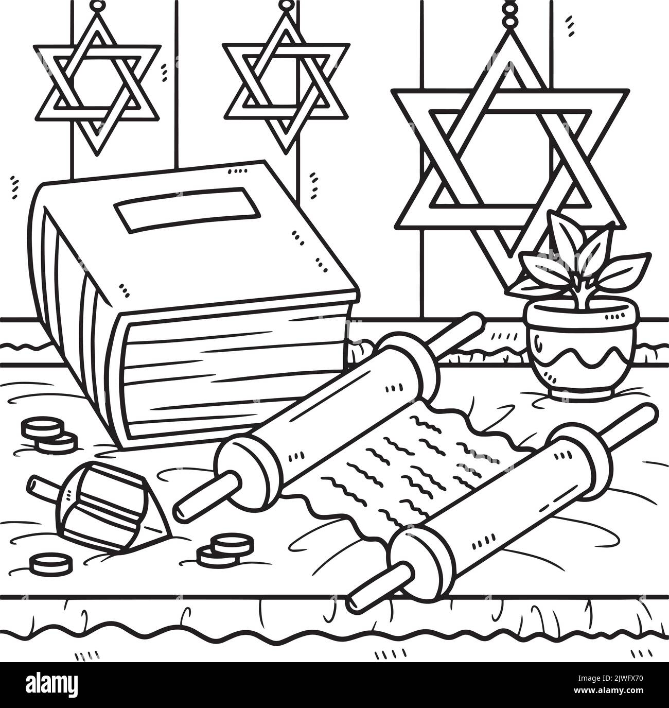 Hanukkah Torah Scroll and Book Coloring Page  Stock Vector