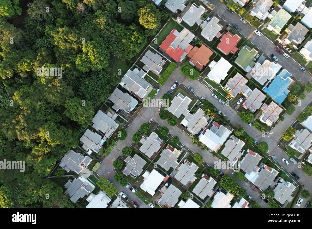 Residential area next to green park copy space aerial drone top view Stock Photo