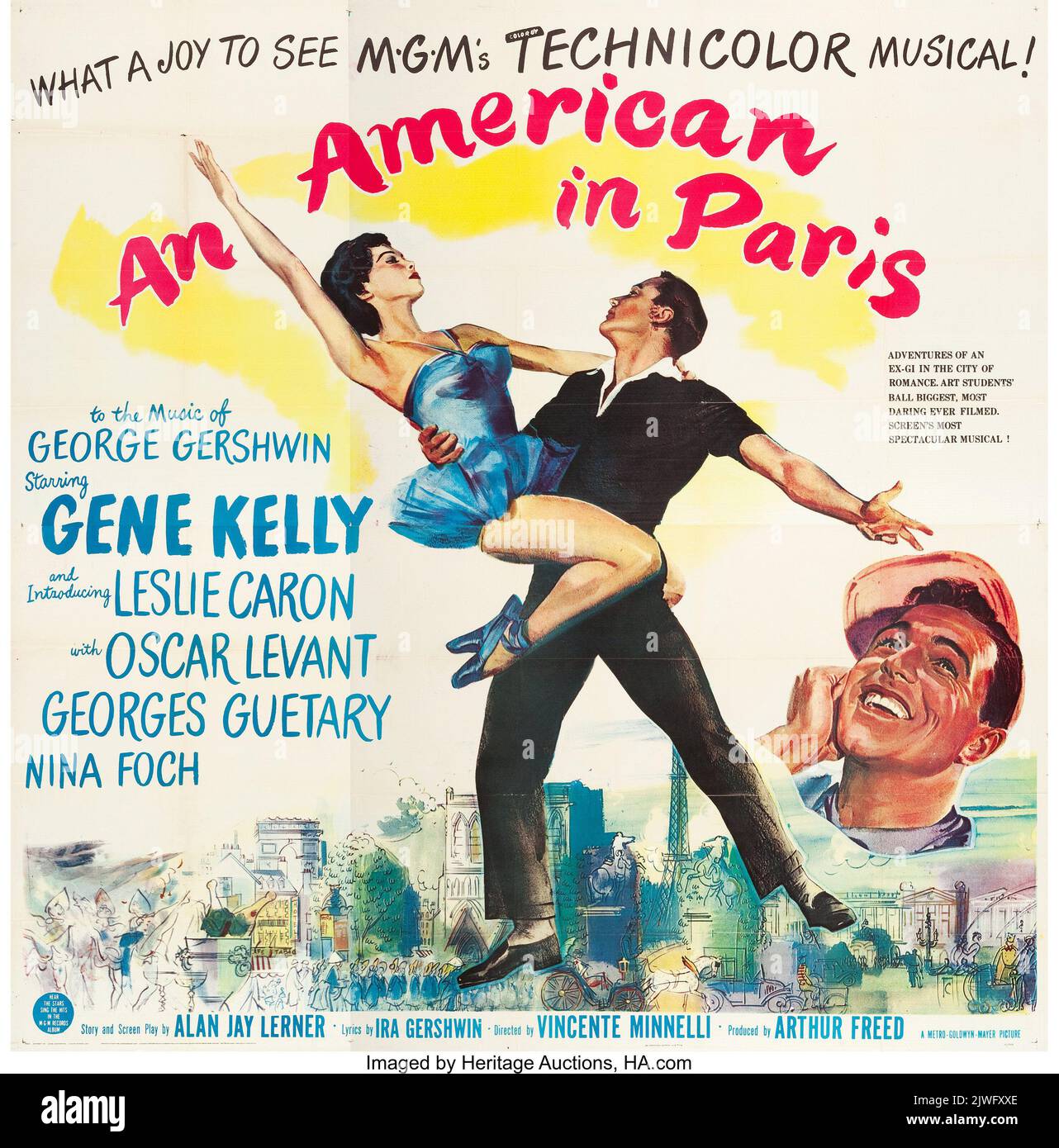 Vintage movie poster - An American in Paris (MGM, 1951). Six Sheet film poster feat. Gene Kelly. Stock Photo