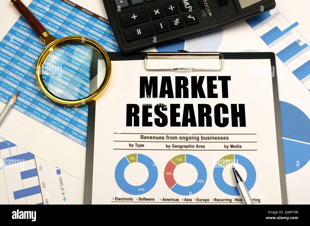 Business concept. Against the background of charts and graphs, there are office items and a tablet with documents and the inscription - Market Researc Stock Photo