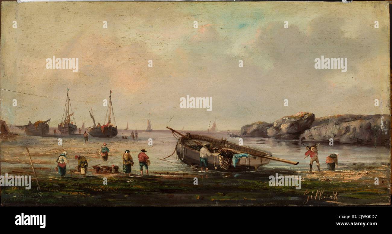 Fishing barges at the bank. Gilbert (fl. 1840-1870), painter Stock Photo