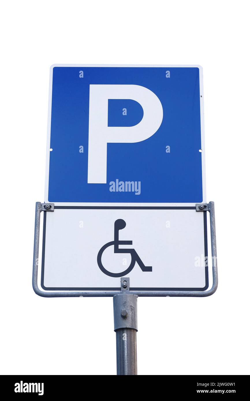 Disabled parking only road sign isolated on white background. Stock Photo