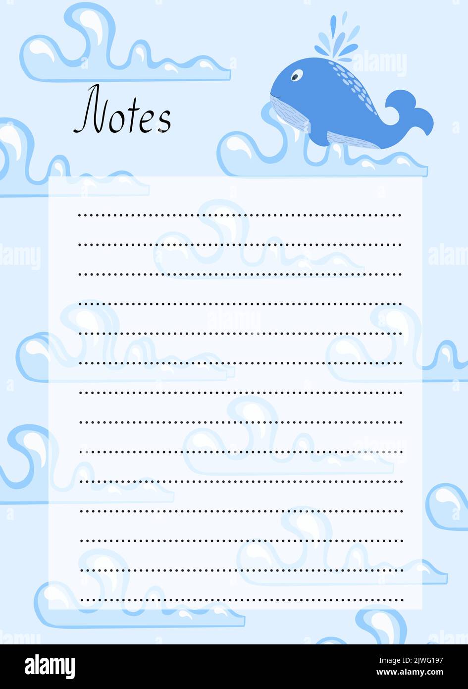 Cute whale decorated blank printable notes for kids vector illustration, flat style images with ...