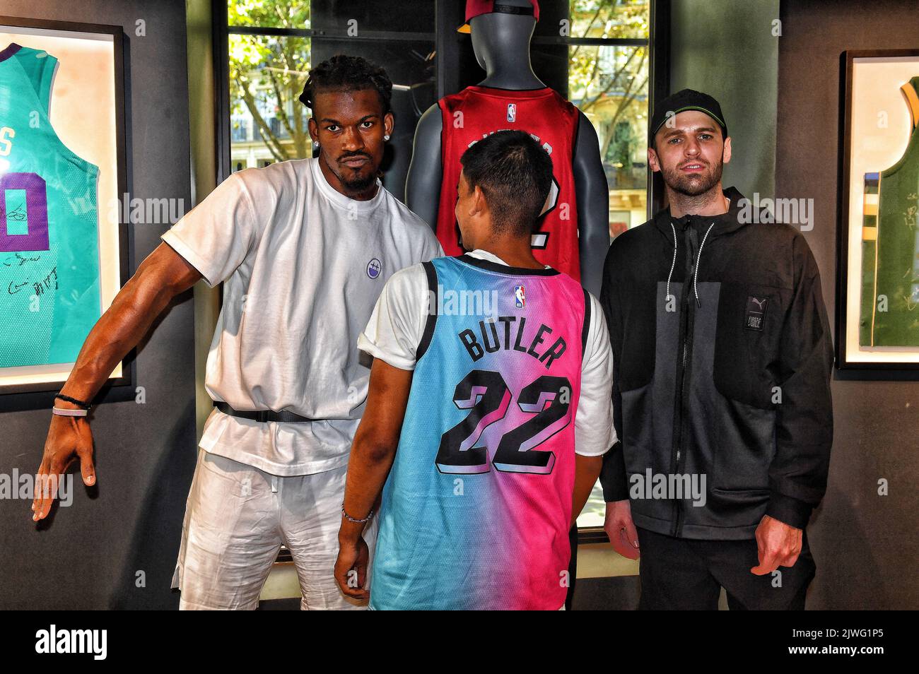 Jimmy Butler and Chris Brickley at NBA Store in Paris Stock Photo