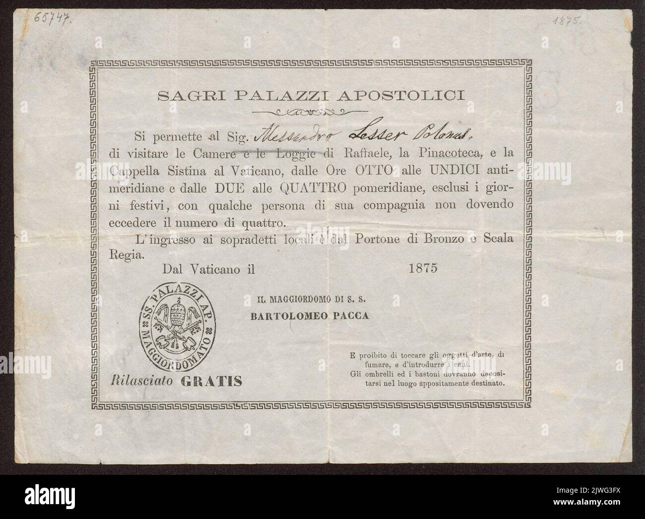 Permit for Aleksander Lesser to visit the Vatican Gallery and the Sistine chapel for free. Stolica Apostolska (Watykan), author Stock Photo
