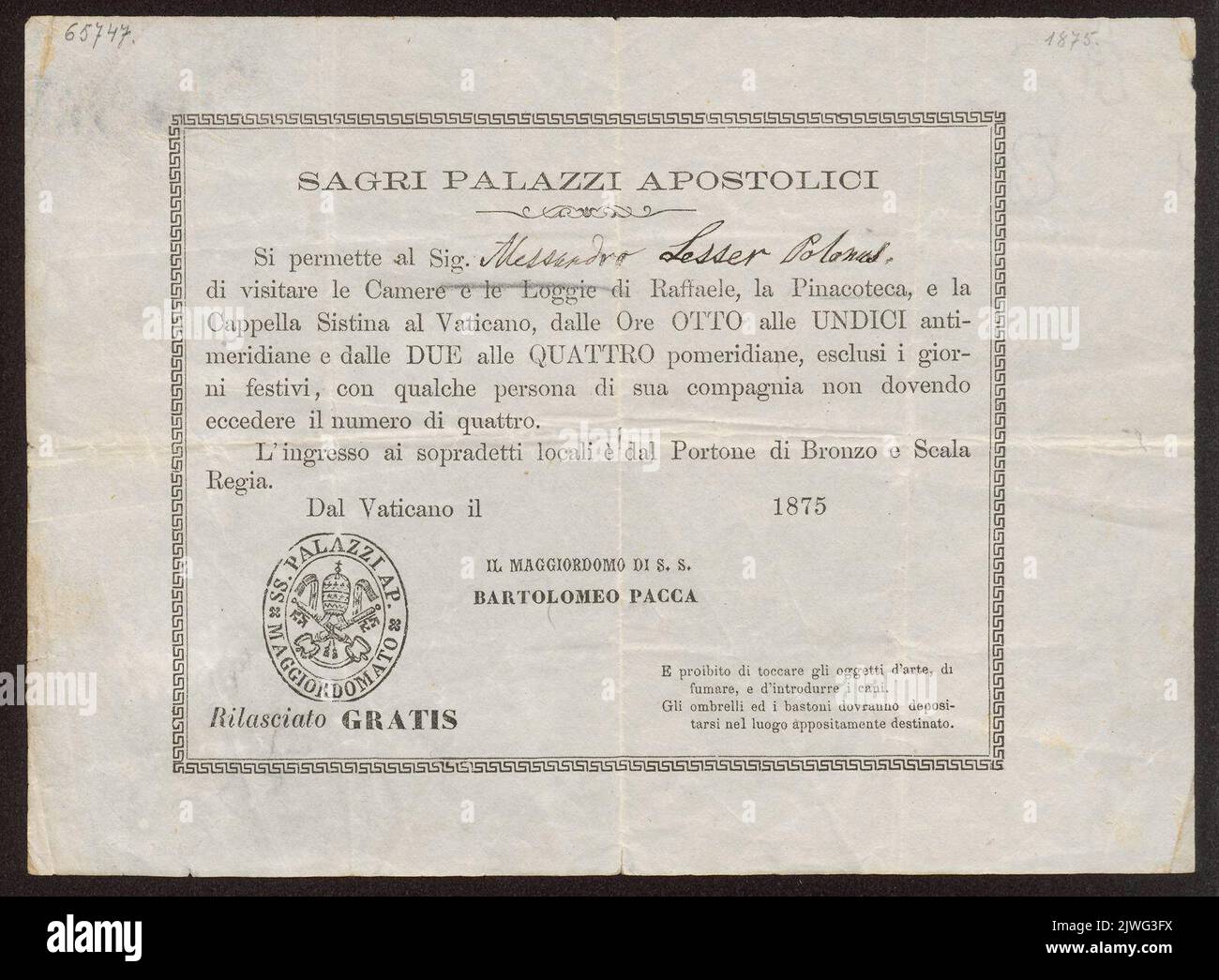 Permit For Aleksander Lesser To Visit The Vatican Gallery And The