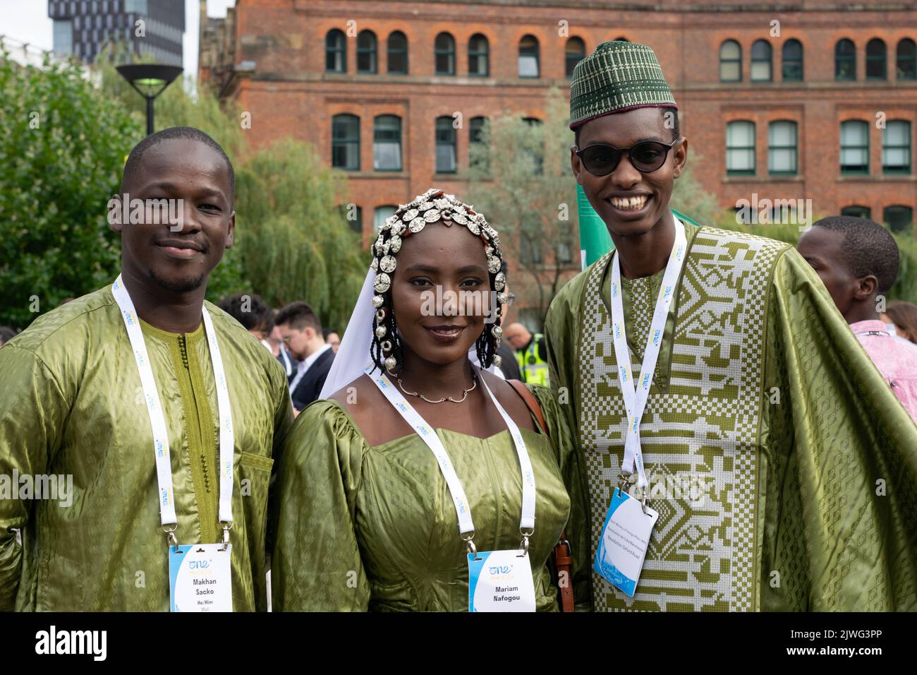 One Young World summit 2022. Delegates from The Republic of  Mali arrive for the conference at the Bridgewater Hall. Manchester UK Stock Photo