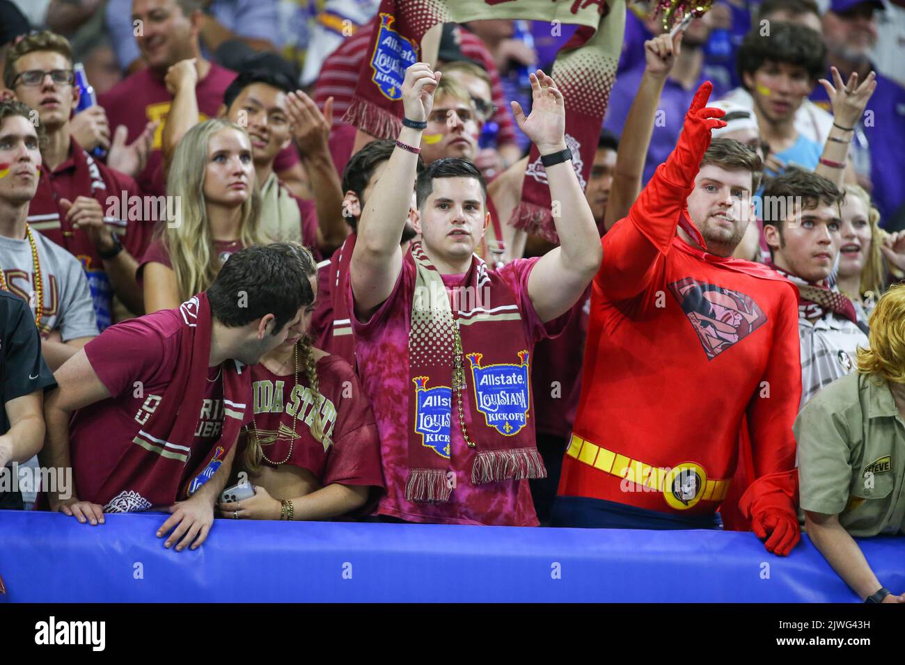 September 4, 2022: Florida St. fan's cheer on their team during the Allstate Louisiana Kickoff Game between the Florida St. Seminoles and the LSU Tigers at the Caesars Superdome in New Orleans, LA. Jonathan Mailhes/CSM Stock Photo