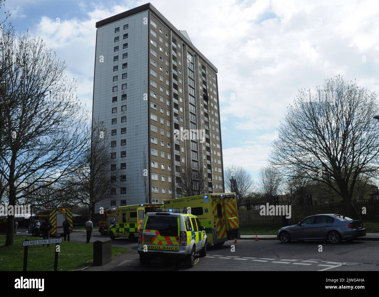 EMERGENCY SERVICES ATTEND A FIRE ON 13TH FLOOR OF BARKIS HOUSE IN
